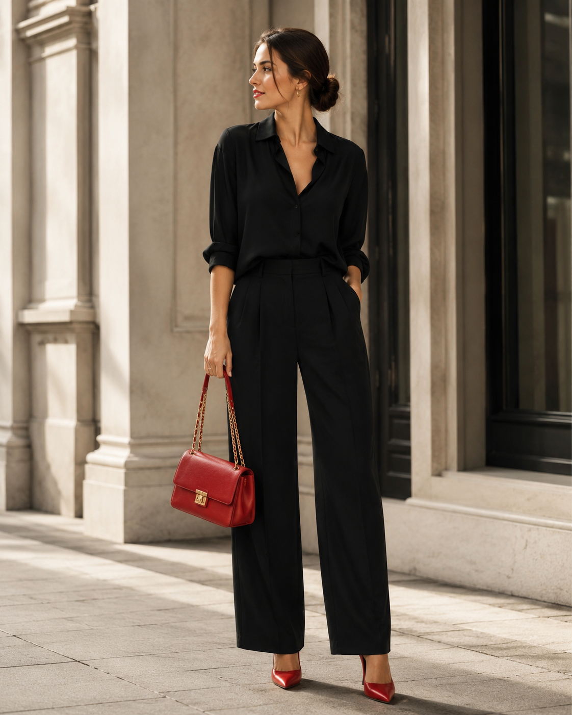 Zwarte damesoutfit met rode tas en rode schoenen