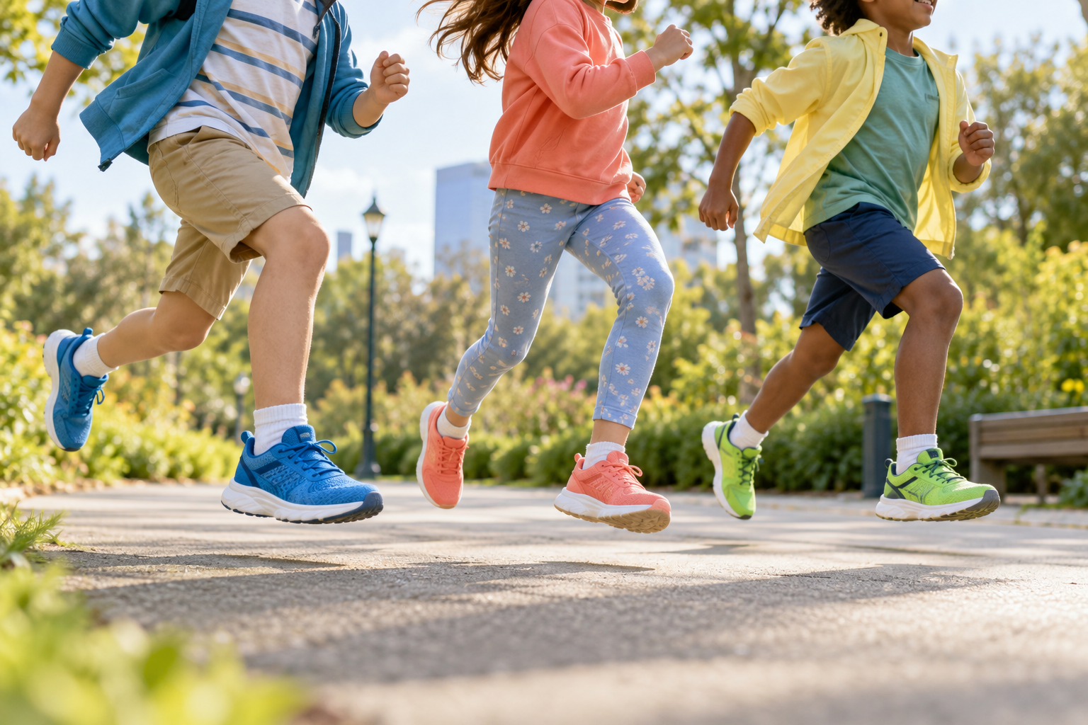 Kinderen met sportschoenen tijdens het rennen en spelen