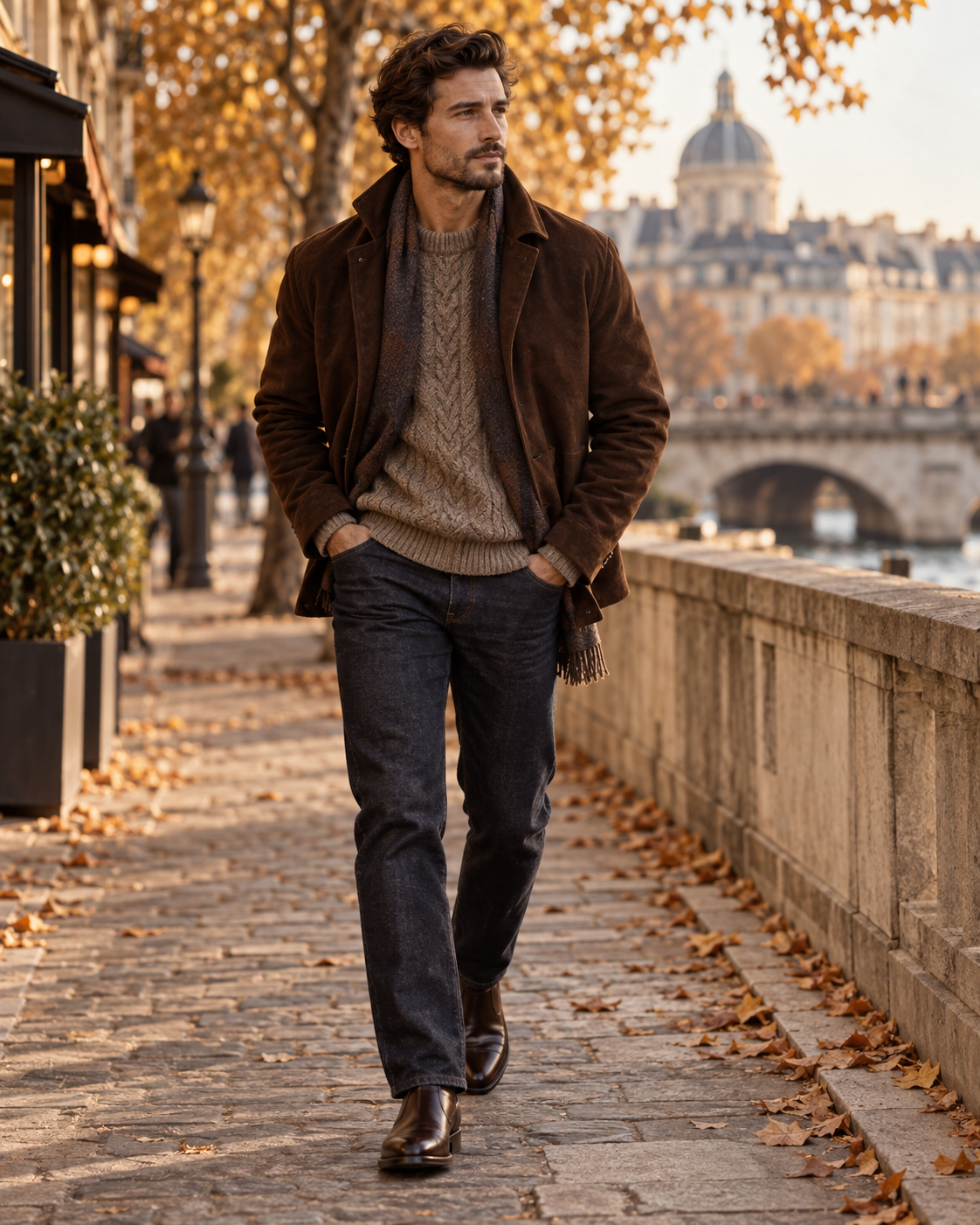 Herfstoutfit voor heren met bruine jas trui donkere jeans en leren schoenen