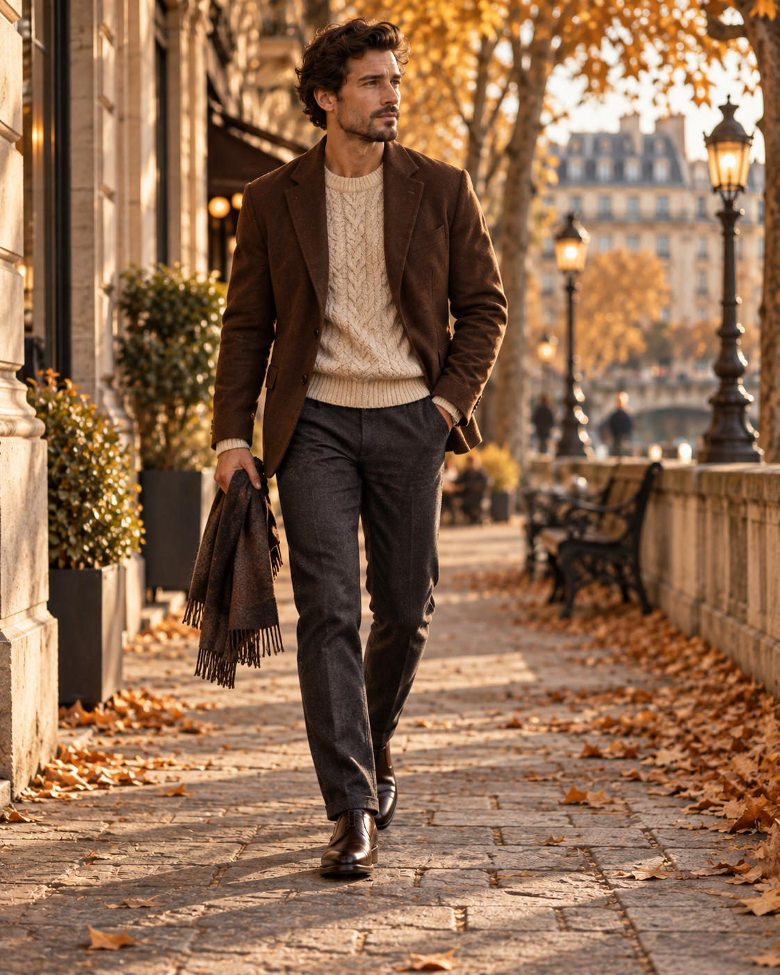 Smart casual herenlook met bruine blazer lichte trui en klassieke broek