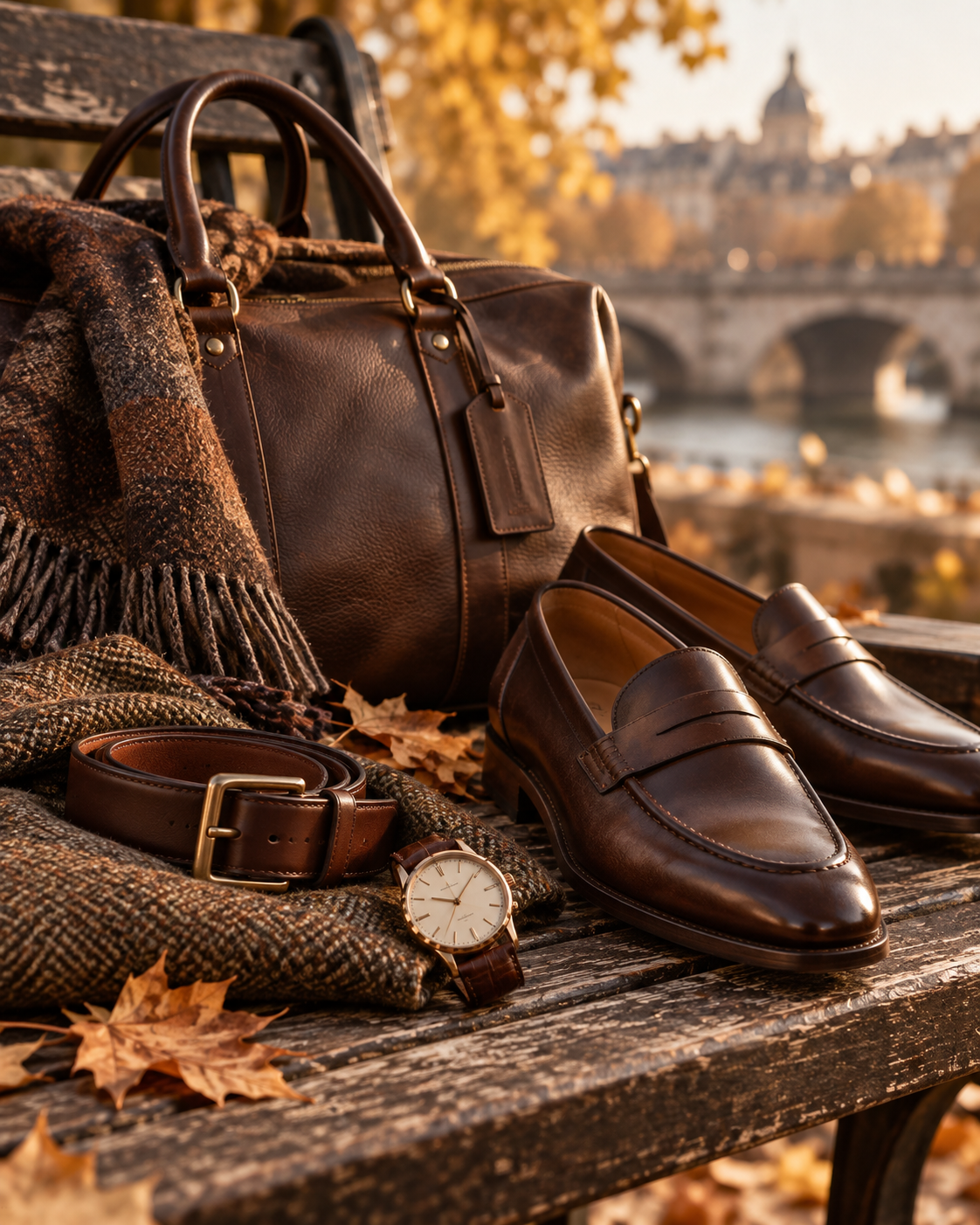 Herfstaccessoires voor heren met tas riem horloge sjaal en leren schoenen
