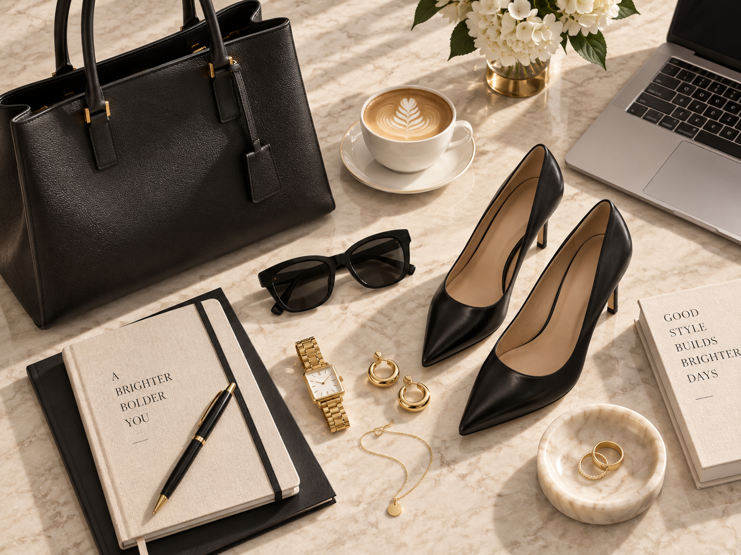 Stijlvolle kantooraccessoires met tas schoenen horloge en sieraden